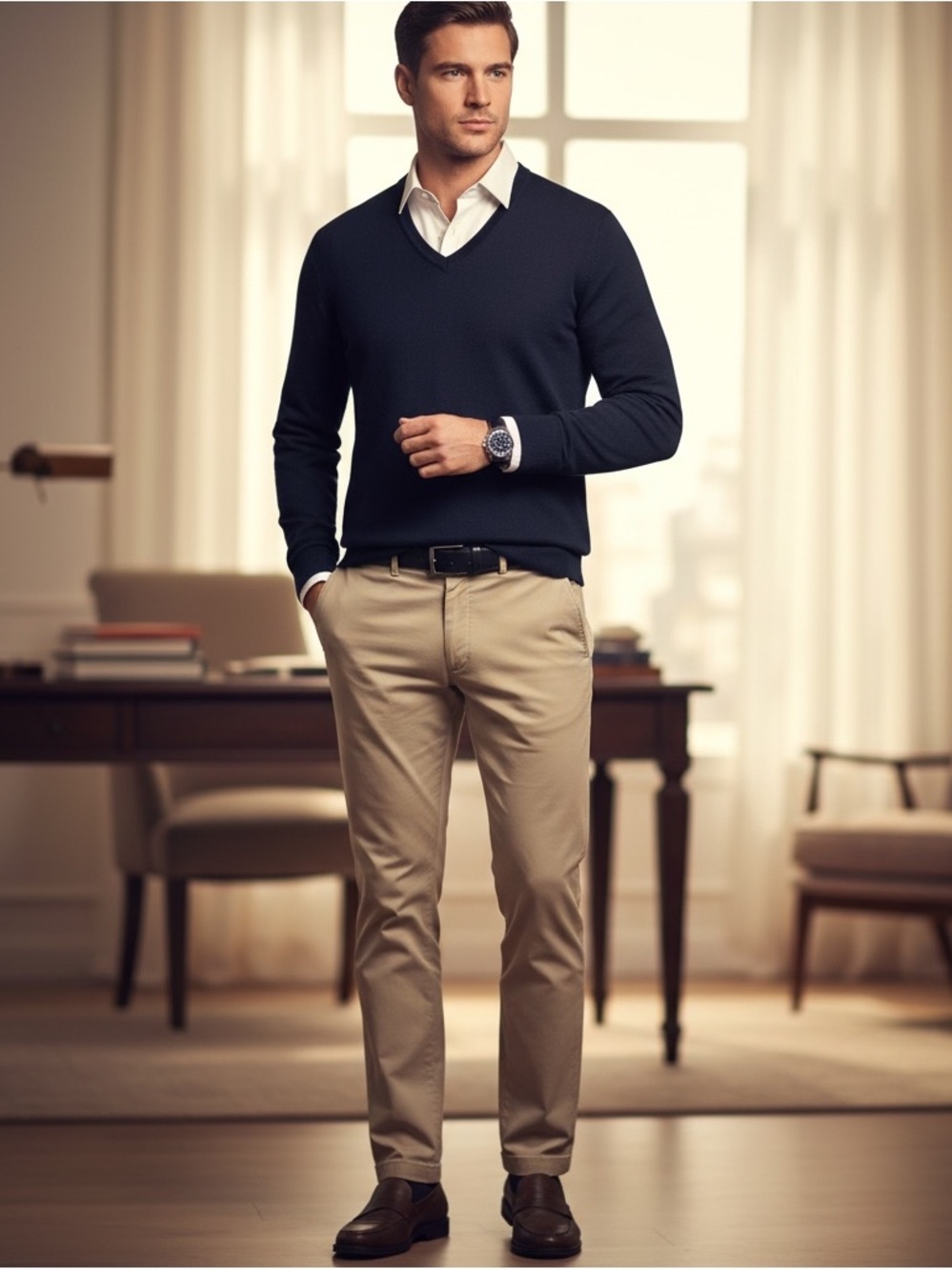 Banana Republic Navy Blue V-Neck Knit Sweater | Merino-Style Office Pullover |